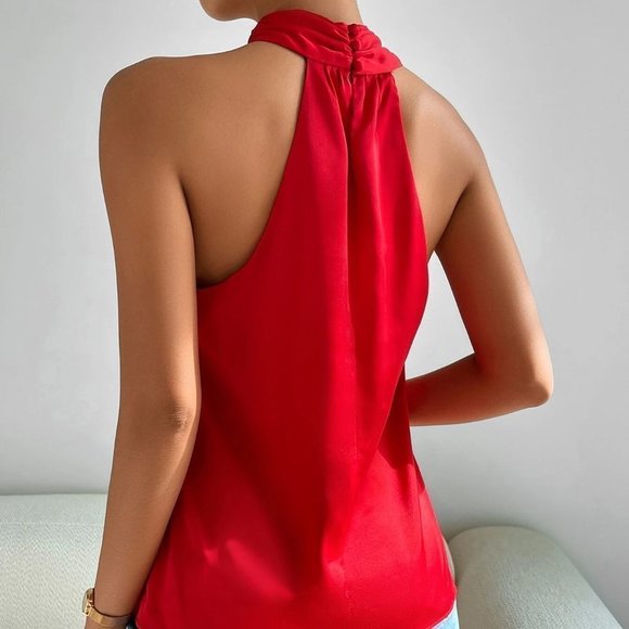 Red Womens Solid Cross Front Backless Halter Top - Picture 4 of 6